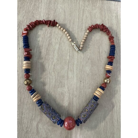 Vintage Murano Venetian Millefiori Beaded Necklace With Red & Blue Accents 16" - Picture 1 of 9